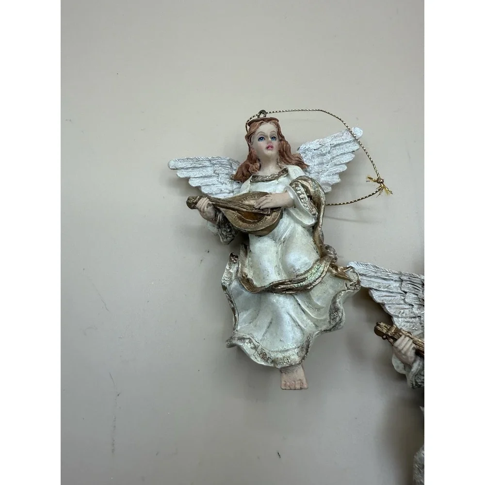 Set Of Two Christmas Angels Playing The‎ Mandolin Vtg Ornaments Holiday Lot